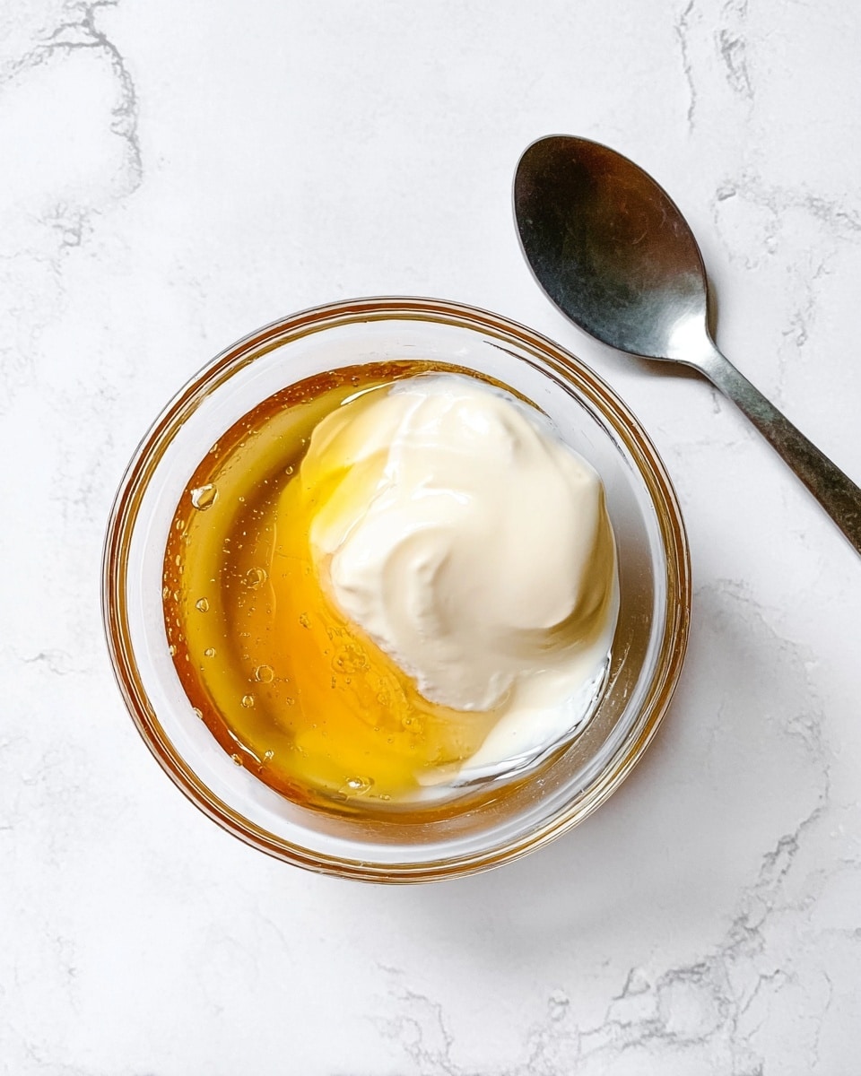 A clear glass bowl sits on a white marbled surface, containing three distinct layers: a shiny golden honey layer on the bottom left, a white creamy layer on the top left, and a light beige creamy layer on the right side. The textures vary from smooth and thick to slightly runny. A metal spoon lies nearby on the white marbled surface. photo taken with an iphone --ar 4:5 --v 7