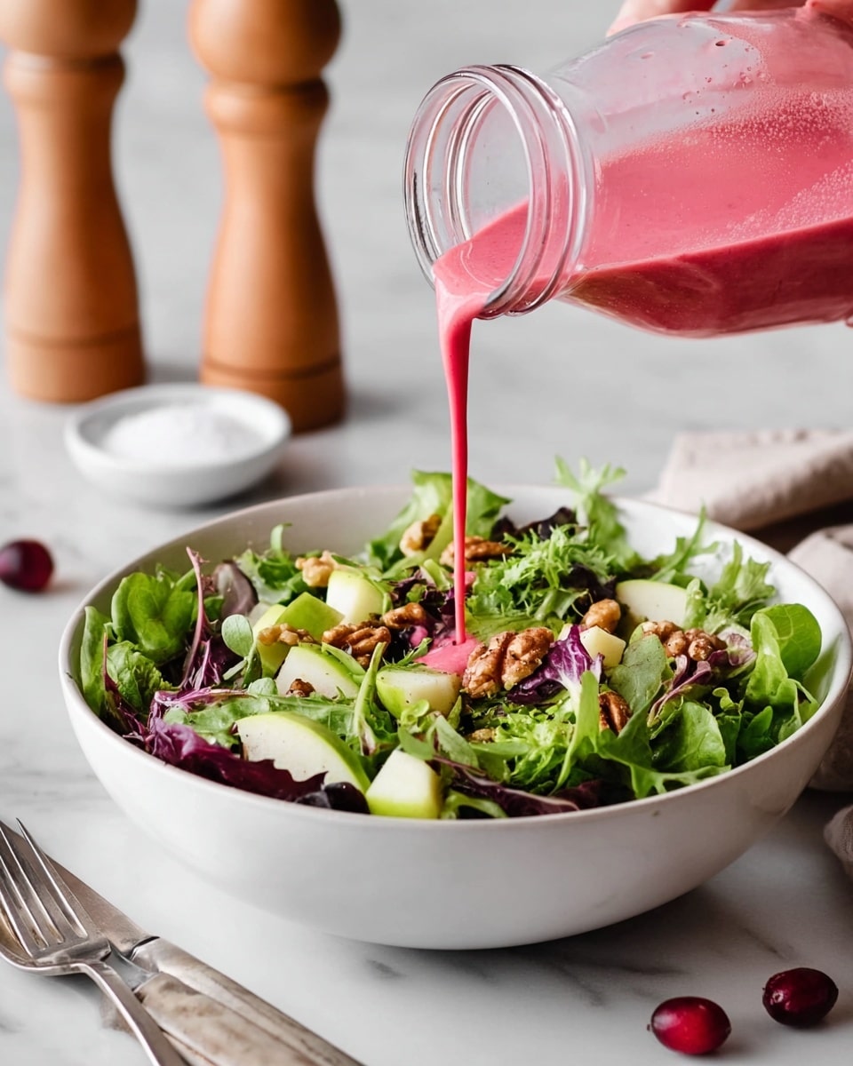 A white bowl filled with a fresh salad made of mixed green and purple lettuce leaves, along with light green apple chunks and brown walnut pieces scattered evenly on top. A woman's hand is pouring a thick, bright pink dressing over the salad from a clear glass jar. The bowl is placed on a white marbled surface with a blurred background showing a wooden pepper grinder, two knives with white handles, and a small white dish holding salt and pepper. There are a few whole cranberries lying on the marbled surface near the bowl. photo taken with an iphone --ar 4:5 --v 7