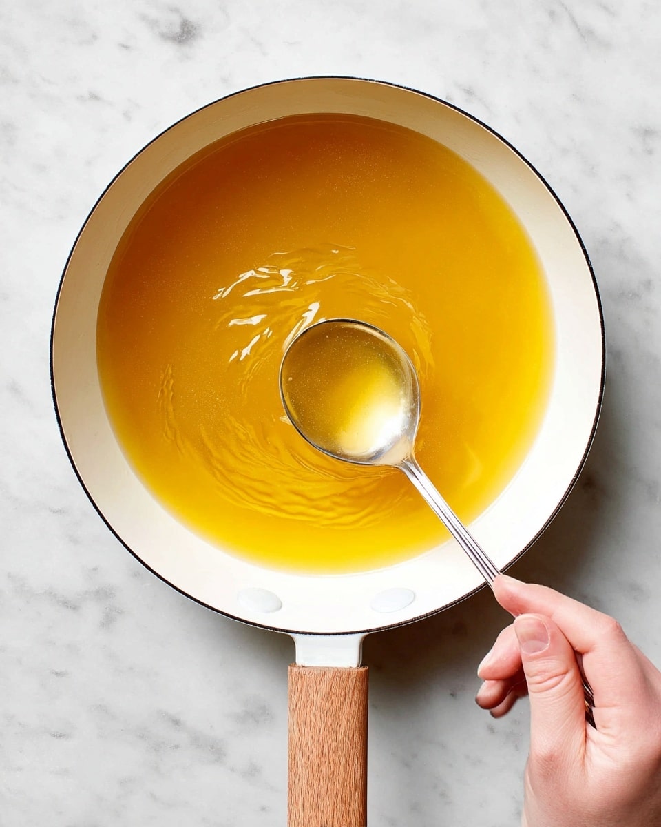 A white pan with a wooden handle is filled with a shiny, golden-yellow liquid that looks smooth and warm. A woman's hand holds a silver spoon above the surface, scooping up a bit of the liquid, creating light ripples and reflections inside the pan. The pan sits on a white marbled surface that adds a clean, bright look to the scene. photo taken with an iphone --ar 4:5 --v 7
