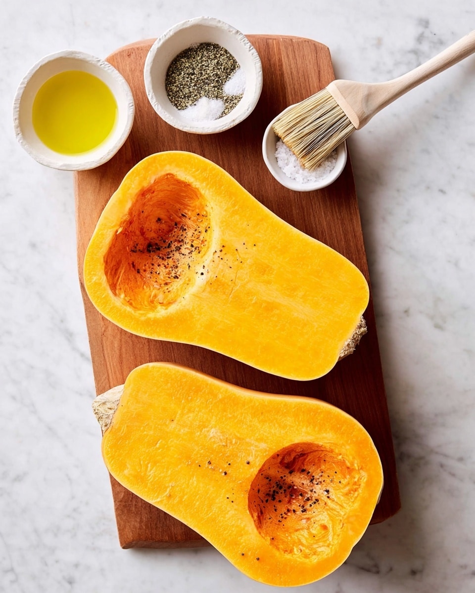 The image shows two halves of a bright orange butternut squash placed on a wooden cutting board, which rests on a white marbled surface. The top half has a hollowed-out round cavity with some black pepper sprinkled on it, while the bottom half is smooth and unseasoned with a brush resting on its lower part. Above the squash, there are two small white bowls, one holding yellow olive oil and the other containing a mix of coarse salt and black pepper. The overall look is clean and fresh, with natural colors and textures clearly visible. Photo taken with an iphone --ar 4:5 --v 7