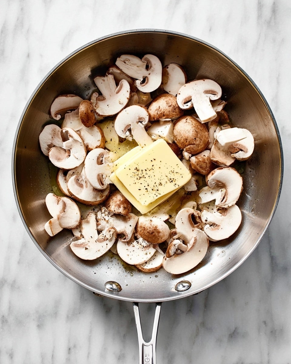 A shiny silver pan holds a single layer of cooked brown sliced mushrooms with some green herb leaves sprinkled on top, some pieces showing a slight shine and soft texture; a light wooden spatula rests inside the pan on the right side, partially covered by mushrooms. The pan is placed on a white marbled surface with some black peppercorns and fresh herb sprigs scattered around. At the top right corner, there is a small wooden bowl filled with ground black pepper. A folded dark gray cloth with white stripes lies below the pan on the right. photo taken with an iphone --ar 4:5 --v 7
