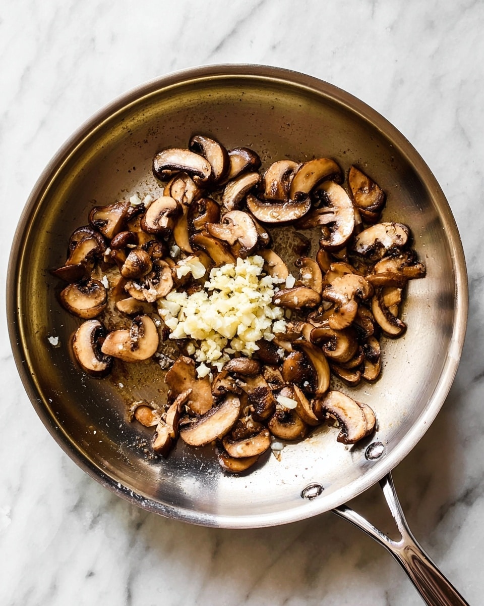 A silver frying pan is filled with one layer of cooked mushroom slices that have a dark golden brown color, showing their soft texture and light caramelization. In the center on top of the mushrooms is a small pile of finely chopped white garlic. The pan rests on a white marbled surface, and the metal handle extends outward slightly to the right. The light reflects softly off the pan’s smooth inside surface, highlighting the cooking marks. photo taken with an iphone --ar 4:5 --v 7