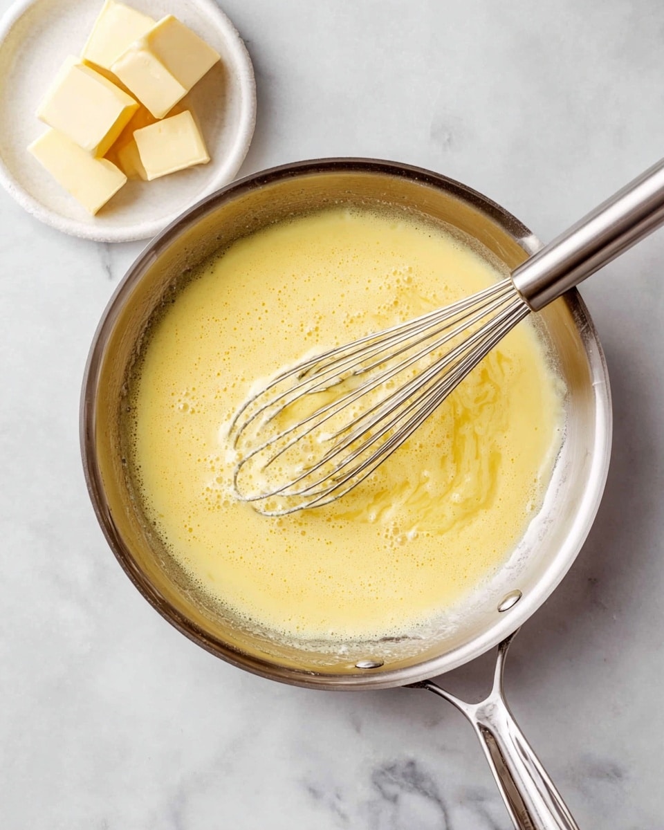 A stainless steel pan holds a single layer of smoothly whisked yellow mixture with small light chunks visible. A metal whisk with a shiny handle rests in the pan, partially submerged in the creamy mixture. Nearby, a white plate with four square pieces of pale yellow butter sits on a white marbled surface. The scene captures the preparation of melting or mixing butter with other ingredients. Photo taken with an iphone --ar 4:5 --v 7