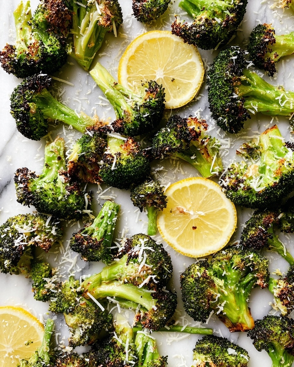 The image shows a scattered arrangement of roasted broccoli pieces with browned edges and bright green stems on a white marbled surface. The broccoli pieces vary in size, some with a slight char, giving a textured look. Thin shreds of white cheese are sprinkled unevenly over the broccoli. Among the broccoli pieces, there are two fresh lemon slices with a light yellow color and visible juicy texture, adding brightness to the composition. The overall look is fresh and appetizing with a mix of green, brown, white, and yellow colors. photo taken with an iphone --ar 4:5 --v 7