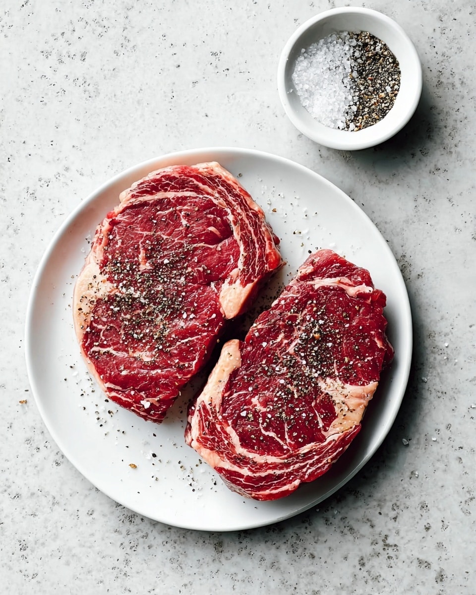 Two raw steaks with a red and white marbled texture lie flat on a white plate. The steaks are seasoned with coarse black pepper and salt, which are spread unevenly over their surfaces. Above the plate is a small round bowl also white, filled with coarse salt and crushed black pepper. The plate and bowl rest on a white marbled surface that has a slightly rough texture. photo taken with an iphone --ar 4:5 --v 7