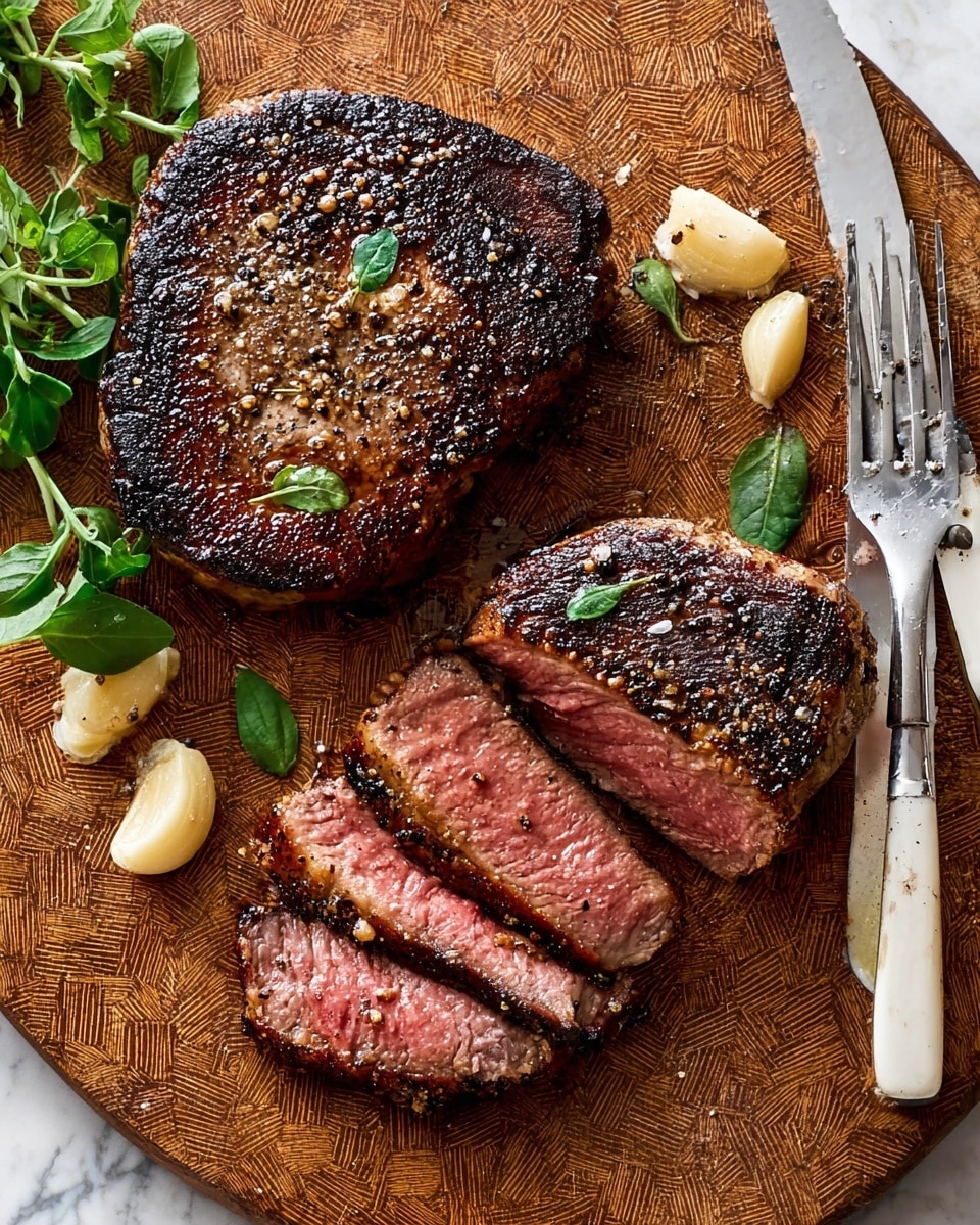 The image shows two thick cooked steaks on a wooden cutting board with a textured brown pattern, one steak whole and the other partly sliced into four pieces, revealing a pink center with a slightly brown outer edge. The steak surfaces are dark brown with a charred crust, sprinkled with black pepper and small green leaves. Around the steaks are several cloves of cooked garlic, and a few sprigs of fresh green herb leaves are placed on the board. A silver fork with long, thin tines and a serrated knife with a white handle rest near the right side of the sliced steak. The background is a white marbled texture. Photo taken with an iphone --ar 4:5 --v 7