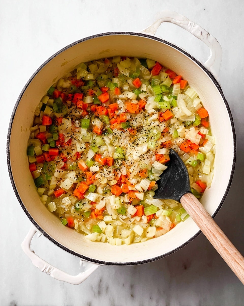 A white pot filled with a mix of small diced vegetables in three layers: pale yellow translucent onions spread evenly, bright orange carrots scattered throughout, and green celery pieces mixed in, all seasoned with small black pepper bits. A black spoon with a light wooden handle rests inside the pot, partially covered by the vegetables. The pot sits on a white marbled surface. Photo taken with an iphone --ar 4:5 --v 7