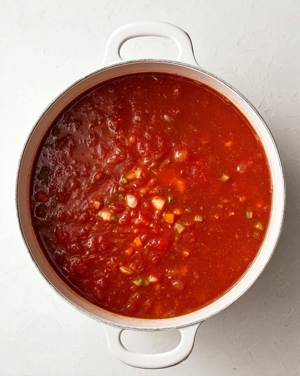 A white pot filled with a thick red tomato soup with visible chunks of cooked tomatoes, small pieces of onion, carrot, and celery floating evenly throughout. The soup has a smooth, slightly chunky texture and deep red color. The pot sits on a white marbled surface with two handles visible, one at the bottom and one at the top of the image. Photo taken with an iphone --ar 4:5 --v 7