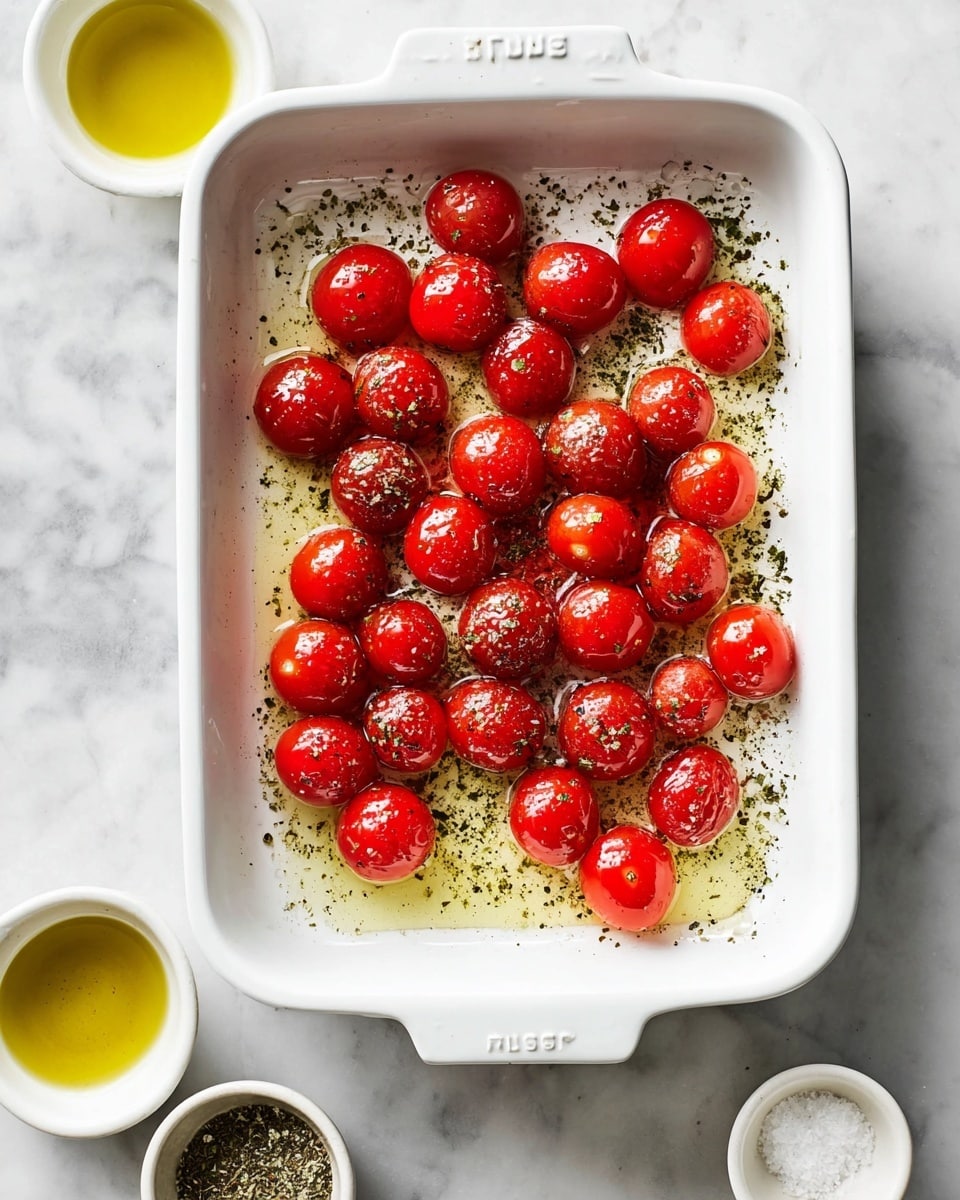 The image shows a white rectangular baking dish filled with about twenty small bright red cherry tomatoes, each glistening with droplets of water. The tomatoes are spread evenly across the dish resting on a thin layer of light yellow olive oil mixed with specks of dried green herbs scattered all over. Surrounding the baking dish, there are small white dishes containing olive oil, salt, and pepper, all placed on a white marbled surface. Photo taken with an iphone --ar 4:5 --v 7