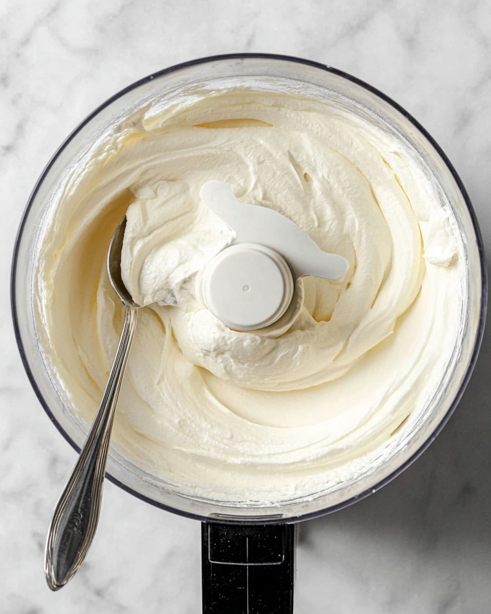The image shows a close-up top view of a clear food processor bowl filled with a smooth, thick, creamy white mixture. Inside the bowl, a silver spoon rests on the creamy mixture on the left side, and a large central white plastic blade is partially covered by the cream on the right side. The background is a white marbled surface, with part of the black base of the food processor visible on the right edge of the image. The creamy texture fills the bowl evenly and looks soft and fresh. photo taken with an iphone --ar 4:5 --v 7