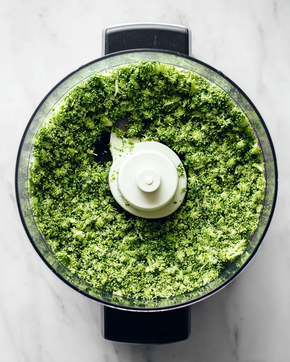 The image shows a clear food processor bowl filled with finely chopped bright green broccoli, making a rough textured layer that spreads evenly inside the bowl. The central white blade attachment stands out in the middle of the green broccoli. The food processor base is black, and the whole setup is placed on a smooth white marbled surface. The scene is bright and crisp, highlighting the fresh texture of the broccoli pieces. photo taken with an iphone --ar 4:5 --v 7