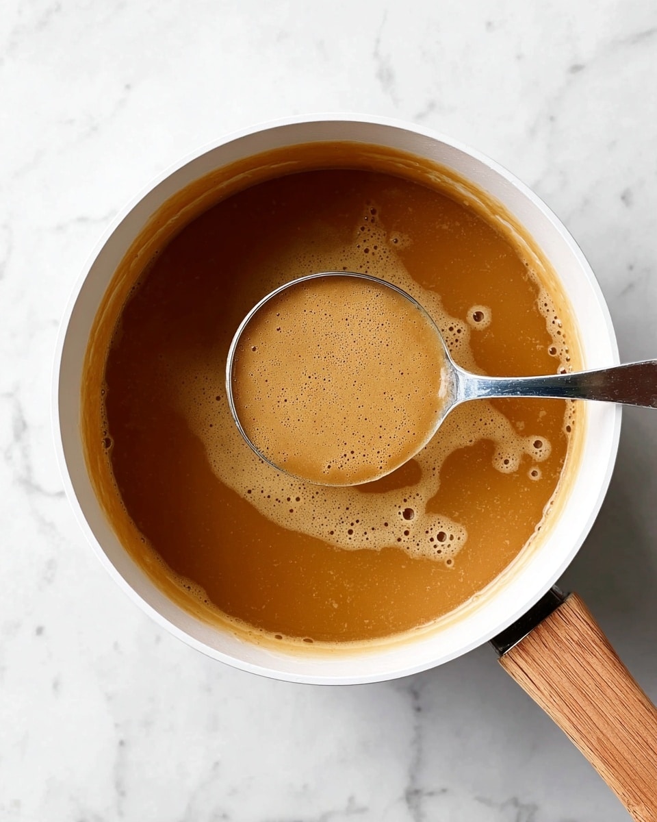 A top view of a white saucepan with a wooden handle filled with smooth, warm brown soup. The soup has a shiny surface with some light foam around the edges and a clear circle in the middle where a silver ladle scoop is held inside. The saucepan is placed on a white marbled surface, and the ladle handle extends out towards the right side of the image. Photo taken with an iphone --ar 4:5 --v 7