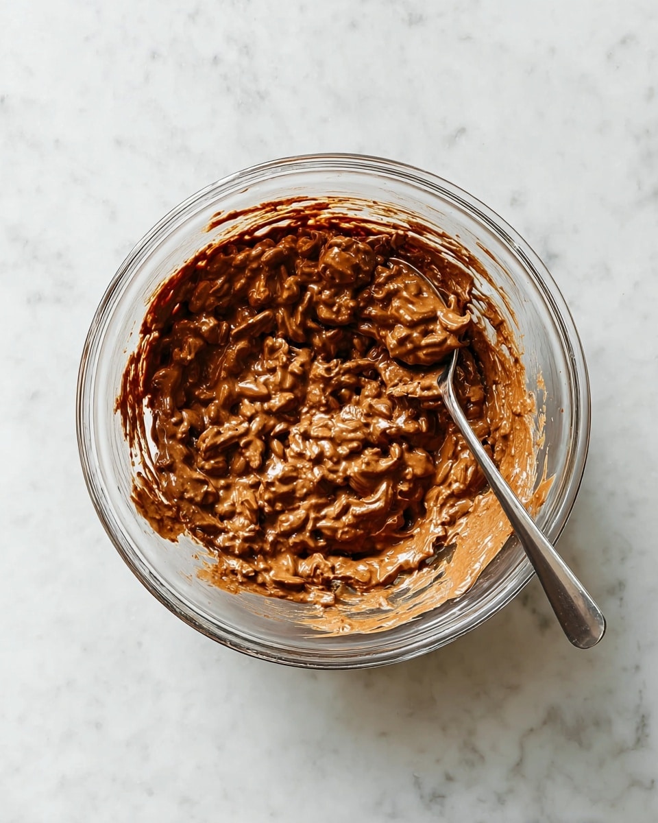 A clear glass bowl sits on a white marbled surface, filled with a thick mixture of chocolate and nuts or cereal pieces, creating a rough, textured top layer of warm brown color. A silver spoon rests inside the bowl on the left side, partially covered with the mixture. The mixture is unevenly spread, with some smears along the inside walls of the bowl, showing its creamy and chunky consistency. Photo taken with an iphone --ar 4:5 --v 7