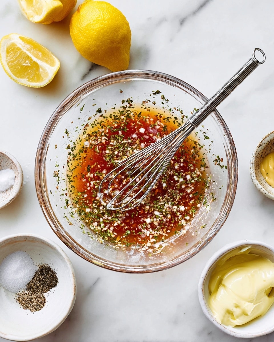 A clear glass bowl sits on a white marbled surface, filled with a liquid mix that has layers of reddish-brown and light golden colors, speckled with small green herb flakes and tiny white pieces. A silver whisk rests inside the bowl, partially submerged in the mixture. Around the bowl are cut lemons and small white bowls holding creamy yellow and white ingredients, along with a small ceramic bowl containing coarse ground black pepper and salt. Photo taken with an iphone --ar 4:5 --v 7