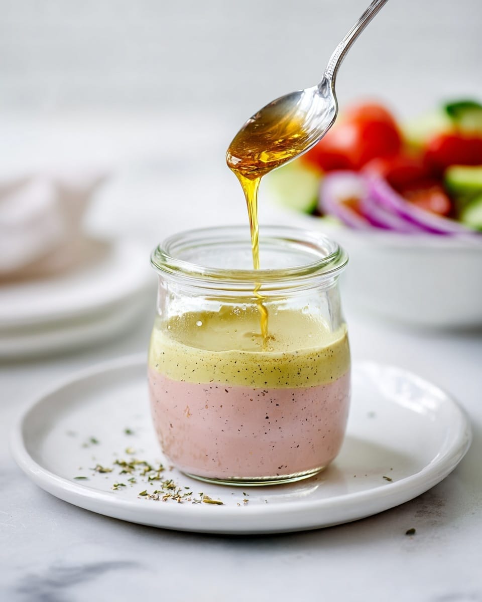 A close-up top view of a glass jar filled with golden yellow honey, showing its thick and smooth texture with tiny specks of black pepper and small bits of ingredients floating inside. A silver spoon rests on top of the jar, holding a scoop of honey that glistens with a slightly sticky shine, highlighting the small bits of black pepper and other herbs. The jar sits on a white plate with a few blurred specks and crumbs around it, all placed on a white marbled surface. Photo taken with an iphone --ar 4:5 --v 7