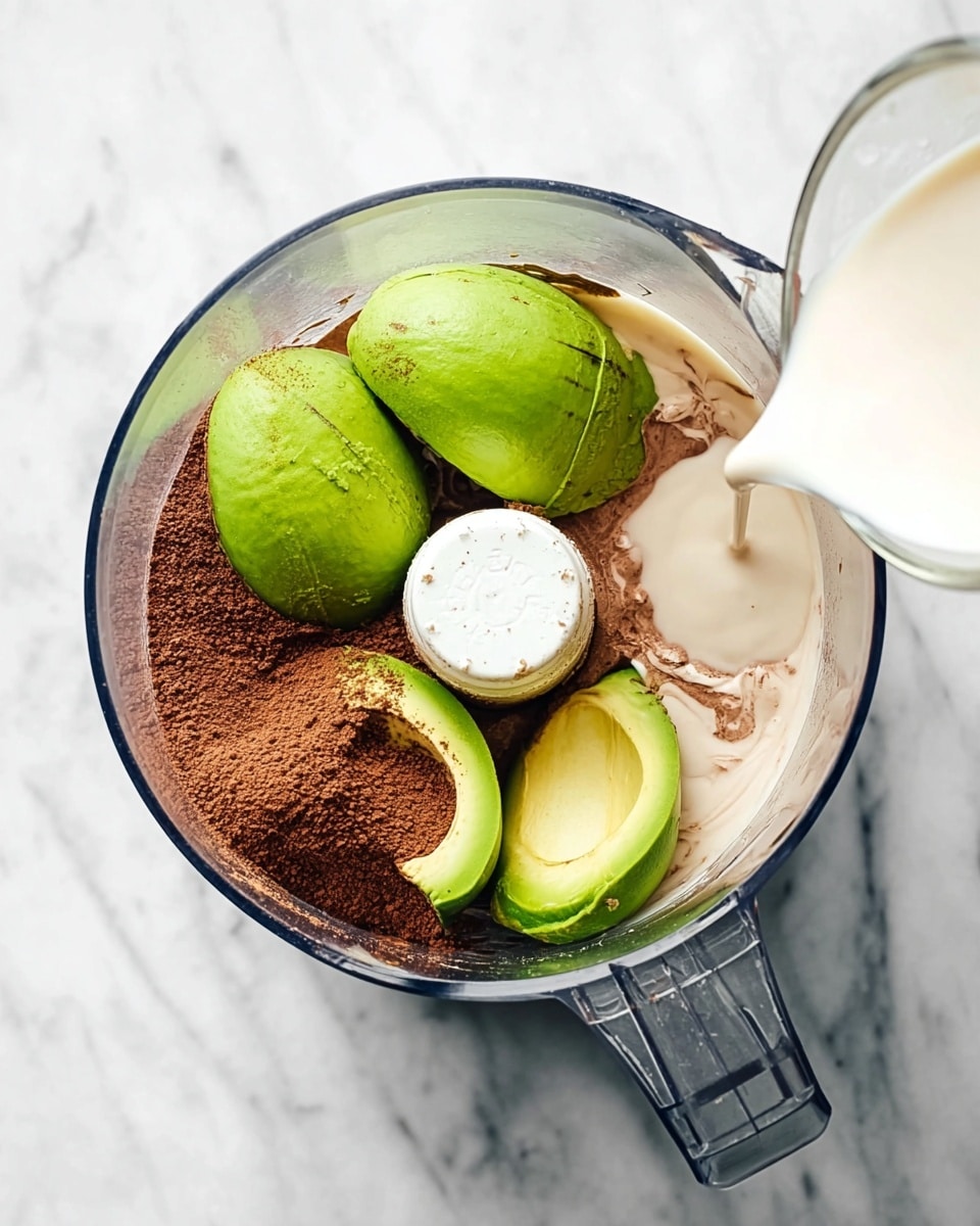 A clear food processor bowl contains several layers of ingredients on a white marbled surface. Inside the bowl, three bright green avocado halves are placed in a triangle, each showing a smooth, slightly oily texture. Around the avocados, there is a loose, fine layer of brown cocoa powder. A light beige liquid, likely vanilla or syrup, pools around the cocoa and avocado. A white creamy liquid is being poured into the bowl from a clear glass cup positioned at the bottom right, adding a smooth, flowing texture to the mix. The center of the bowl has a white food processor blade cover. Photo taken with an iphone --ar 4:5 --v 7