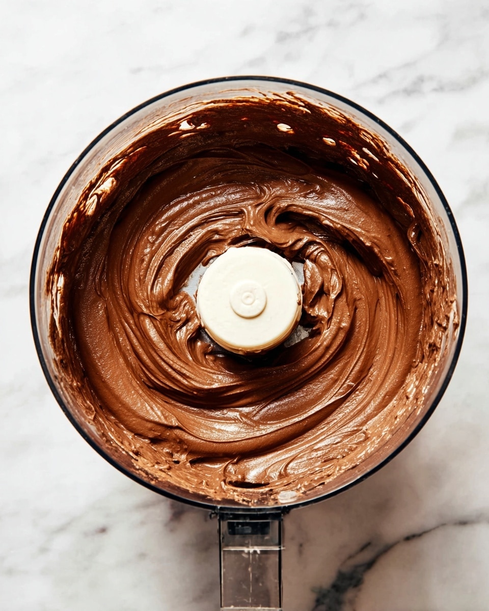A top-down view of a food processor filled with a smooth, thick chocolate mixture that has a creamy texture. The chocolate is a rich dark brown, swirled evenly around the center blade, which is white with some chocolate smudges on it. The clear sides of the food processor bowl show how the chocolate sticks lightly to the edges. The food processor sits on a white marbled surface. photo taken with an iphone --ar 4:5 --v 7