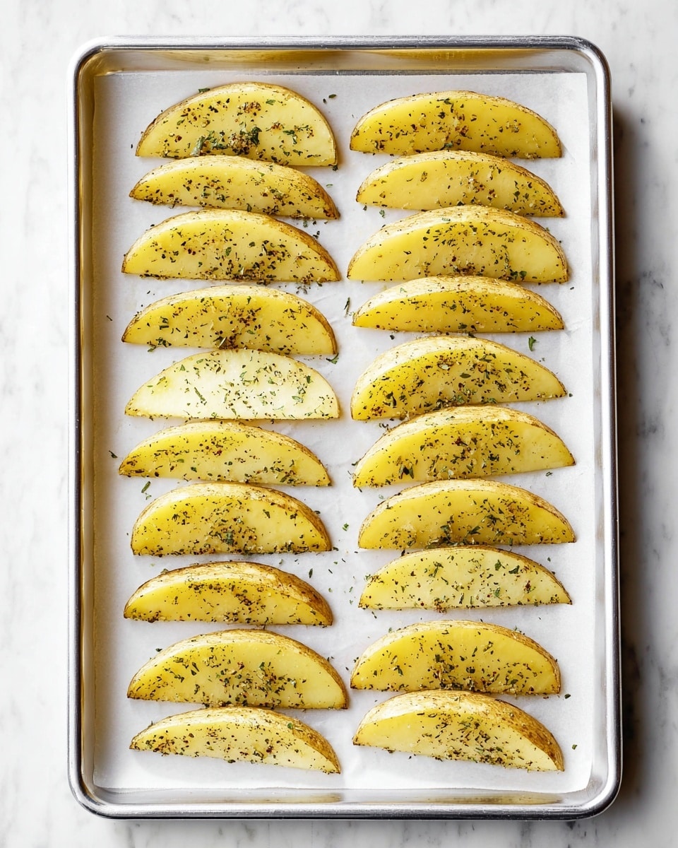 The image shows a metal baking tray lined with white paper on a white marbled surface. On the tray, there are five rows of five seasoned potato wedges each, neatly spaced apart. The potato wedges are light golden-yellow in color with specks of green and black herbs and spices spread evenly on their surfaces. Each wedge is slightly curved with a smooth texture on the cut side and some roughness from the seasoning. The scene is bright and clear, showing the simplicity and order of the preparation. photo taken with an iphone --ar 4:5 --v 7
