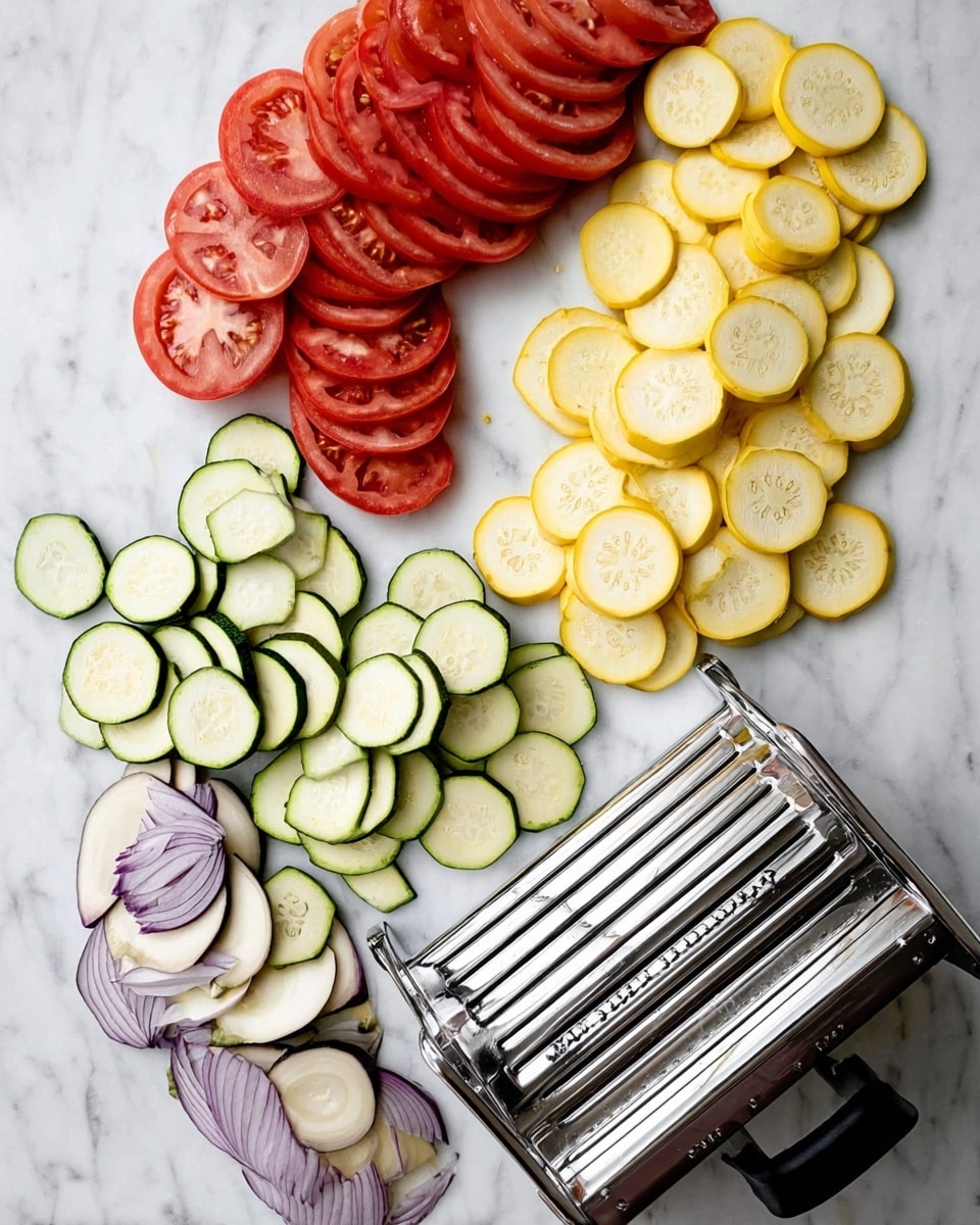 The image shows a white marbled surface with four groups of thinly sliced vegetables arranged around a silver slicer in the center. At the top left are deep red tomato slices with visible seeds, stacked closely in a curved line. To the top right, bright yellow squash slices with pale centers and seeds are spread out in a loose pile. Below the squash, light green zucchini slices with dark green edges are layered both on the slicer and around it in a scattered, overlapping manner. At the bottom left, there are light purple eggplant slices with darker edges, fanned out neatly in two small groups. The slicer is shiny and metallic with black handles. photo taken with an iphone --ar 4:5 --v 7