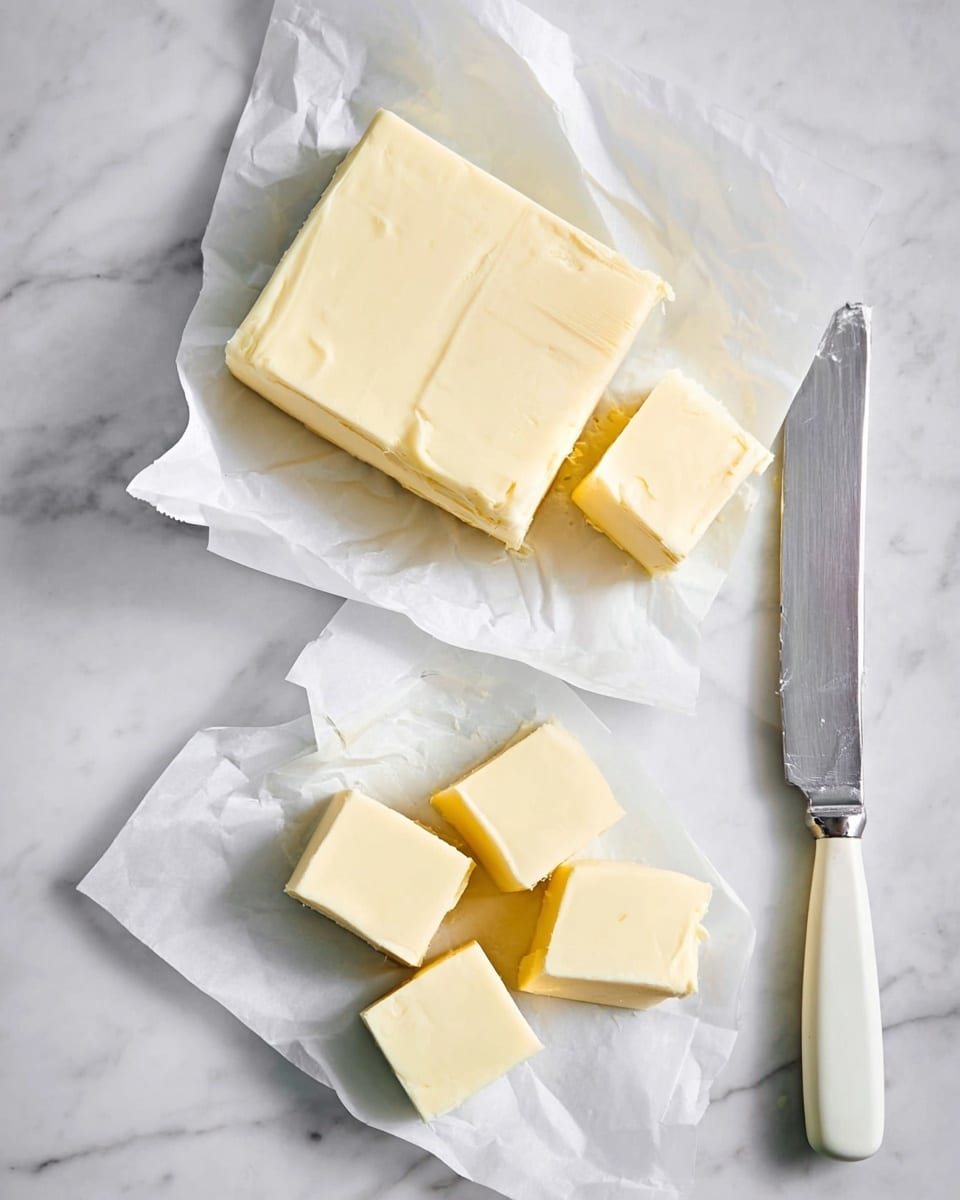 The image shows a block of pale yellow butter partially unwrapped from white paper on a white marbled surface. Next to it are several small square pieces of the same butter placed on a separate piece of unwrapped white paper. A large silver knife with a white handle lies beside the butter pieces, its blade partly visible and resting on the marble. The scene is bright and clean, highlighting the smooth texture and soft color of the butter photo taken with an iphone --ar 4:5 --v 7