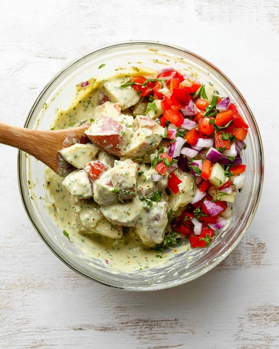A tall clear glass jar is filled with a layered potato salad. The bottom layer has small light green peas and creamy dressing. Above that are chunks of white potatoes mixed with purple-red potato skin pieces, orange carrot slices, and bits of green herbs. The mixture looks creamy with specks of black pepper and small herbs spread throughout. The jar is filled all the way to the top, with a sprinkle of fresh green herbs on the very top. Around the jar are whole small red potatoes placed on a white marbled textured surface. The background is plain white. Photo taken with an iphone --ar 4:5 --v 7