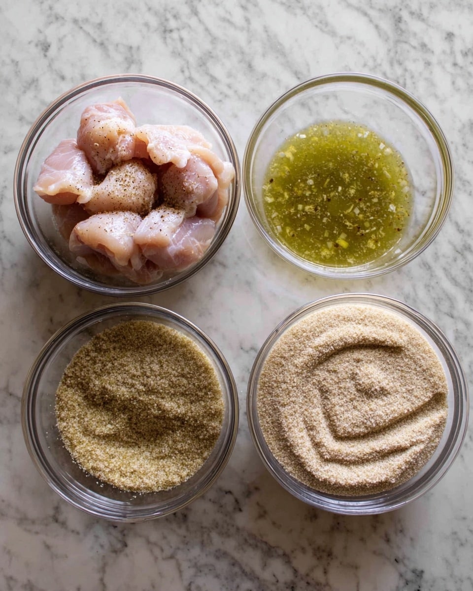 The image shows three glass bowls placed side by side on a white marbled surface. The bowl on the left holds six pieces of raw chicken pieces, pale pink with a slight sprinkle of seasoning on top. The middle bowl contains a light greenish-yellow liquid with small bits floating inside, looking like a mixture of oil and crushed garlic. The bowl on the right is filled with a beige, grainy powder resembling a breading or seasoning mix, with a swirled texture on its surface. Photo taken with an iphone --ar 4:5 --v 7