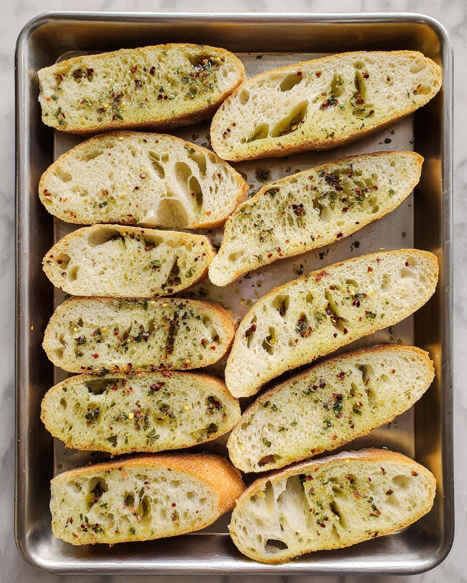The image shows a metal baking tray with eleven pieces of sliced bread topped with olive oil and sprinkled with herbs like oregano and crushed red pepper flakes. Each slice has a pale, soft inside with many air holes, and the outside crust is light brown. The slices are arranged in neat rows on the tray, with the topping spread evenly across each piece. The background is a white marbled texture. photo taken with an iphone --ar 4:5 --v 7