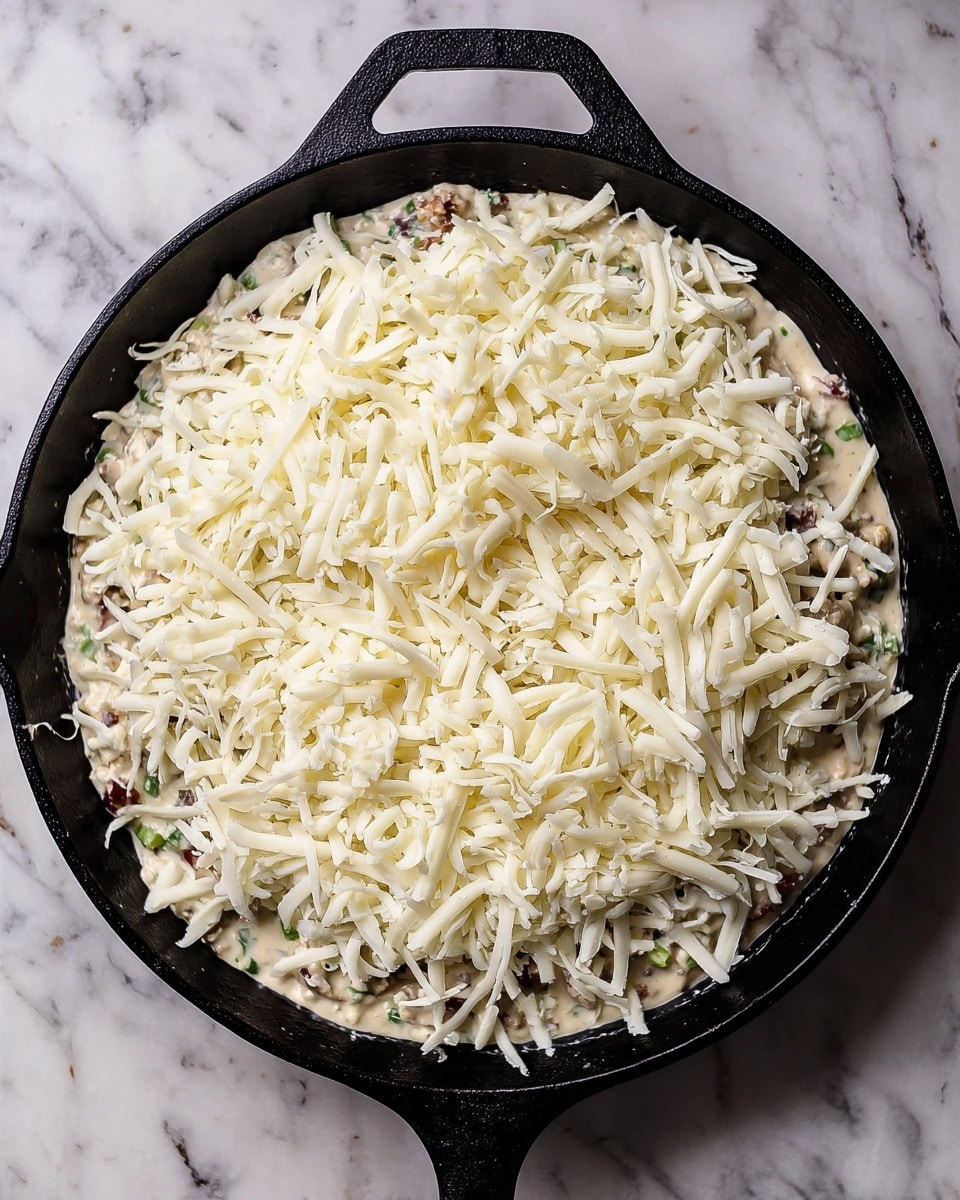The image shows a black cast iron skillet filled with a layered mixture. The bottom layer consists of a creamy blend with small bits of dark and green ingredients visible, likely vegetables and meat. On top is a thick layer of shredded white cheese, spread evenly and loosely piled to cover the creamy base. The skillet is set on a white marbled surface. photo taken with an iphone --ar 4:5 --v 7