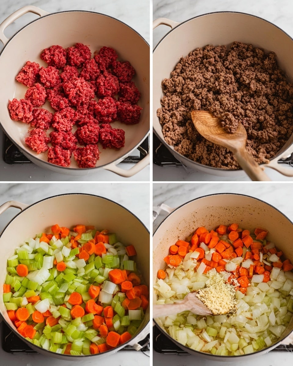 A close-up of a white pot filled with a thick red tomato soup showing round, folded tortellini pasta floating on the surface. The soup has visible bits of cooked brown ground meat, small cubes of orange carrots, chopped green celery, and fresh green parsley sprinkled on top. A dark wooden spoon is inside the pot, stirring the soup, resting near the center. The pot sits on a gray striped cloth on a white marbled surface. photo taken with an iphone --ar 4:5 --v 7