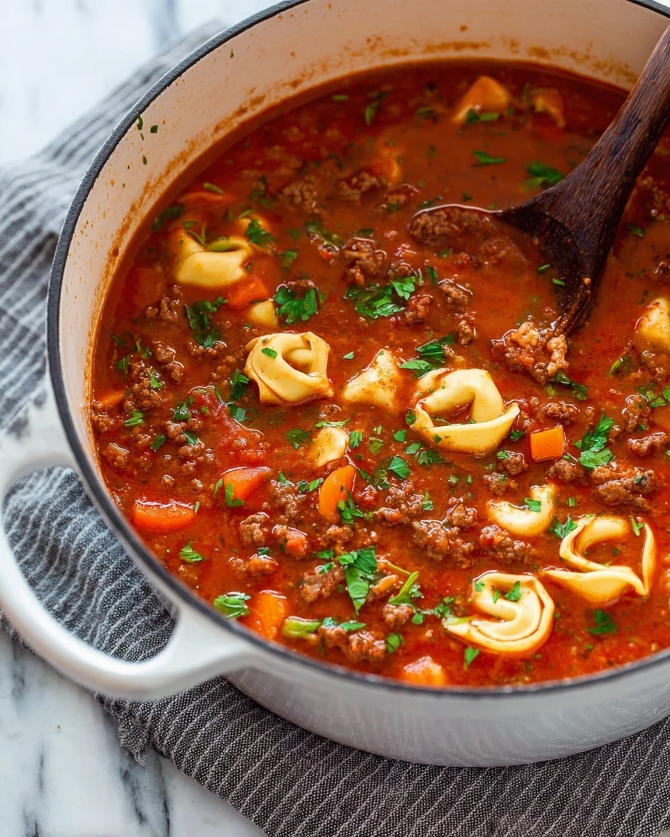 The image is divided into four parts, each showing a white pot on a stove with a white marbled surface underneath. The top left part shows raw ground beef in small clusters, bright red and unevenly shaped, lying flat in the white pot. The top right part shows the same pot with cooked ground beef, now brown and crumbled, with a wooden spoon stuck on the side. The bottom left part shows diced vegetables inside the white pot with a wooden spoon resting on the side; the vegetables are bright orange carrots, light green celery, and white onions arranged in separate patches. The bottom right part shows the same vegetables sautéed and softened, mixed together, with minced garlic added on top in the middle, all inside the white pot with some brown bits around the sides. Photo taken with an iphone --ar 4:5 --v 7