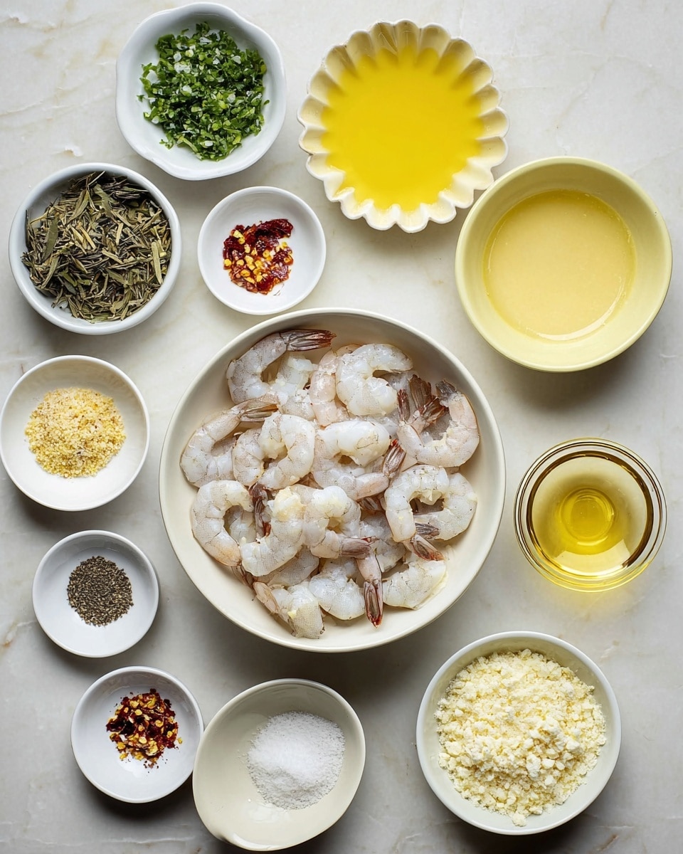 The image shows four stages of a shrimp preparation process arranged in a grid on a white marbled surface. The top left shows a white bowl with a yellow-green marinade mixture containing herbs and small bits of red pepper, stirred with a fork held by a woman's hand. The top right displays a white bowl filled with raw shrimp partially covered with a chunky yellow marinade made of finely chopped garlic, herbs, and spices. The bottom left features a bowl with cooked grain, buttery yellow in color with a slightly crumbly texture, being stirred with a spoon. The bottom right shows a white pan with raw shrimp neatly arranged in a circular pattern, topped with the same yellow herb marinade, ready for cooking; a small bowl with more grains and a bowl of white powder sit nearby. Photo taken with an iphone --ar 4:5 --v 7