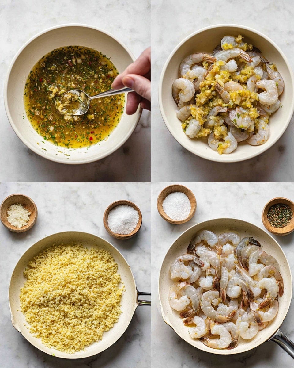 The dish is presented in a white bowl with a gray rim on a white marbled surface. There is one main layer of cooked shrimp with visible pink-orange shells arranged in a circle. On top, there is a thick layer of golden-brown breadcrumbs with a crunchy texture, mixed with small green herbs scattered evenly. Thin lemon slices with bright yellow skin are placed on the breadcrumbs to add color contrast. A silver spoon lies on the right side of the bowl, partially submerged in a light buttery sauce pooling at the bottom. Small bright green leaves add a fresh touch to the dish. Photo taken with an iphone --ar 4:5 --v 7