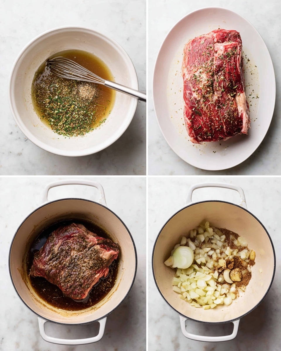 The image shows four steps of cooking beef. Top left is a white bowl with a mix of green herbs and spices being whisked in a light brown liquid. Top right is a large piece of raw red beef with some white fat, sprinkled with herbs and spices, placed on a white oval plate. Bottom left shows the beef browned with a dark crust, sitting in a white pot with some oil around it. Bottom right shows chopped white onions and garlic cooking in the same white pot with brown bits on the bottom. All are set on a white marbled surface. photo taken with an iphone --ar 4:5 --v 7