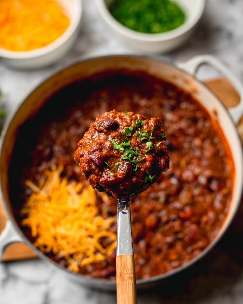 A large white pot filled with a thick, rich chili that has a deep red color with visible kidney beans and ground meat chunks. On the surface, there are two separate piles of toppings: one of bright orange shredded cheddar cheese on the right side and one of fresh green chopped cilantro on the left side toward the center. The pot is set on a wooden table with a dark blue cloth beneath the pot's left handle. In the background, there are two small white bowls, one filled with shredded cheddar cheese and the other with chopped cilantro, both slightly blurred. photo taken with an iphone --ar 4:5 --v 7
