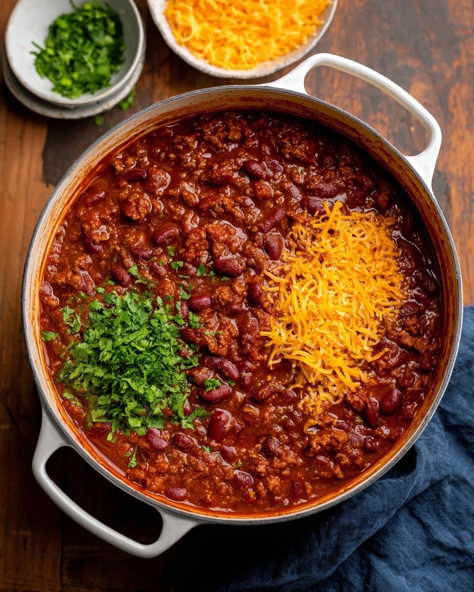 A close-up of a silver spoon with a light wood handle holding thick, chunky dark red chili with visible beans and meat, lifted above a white pot filled with the same chili. Inside the pot, three layers are visible: dark red chili with a hearty, dense texture covering most of the surface, bright orange shredded cheese gathered in a small pile on one side, and finely chopped green herbs sprinkled next to the cheese. The pot sits on a white marbled surface with two blurred white bowls in the background, one with more shredded cheese and the other with green herbs. Photo taken with an iphone --ar 4:5 --v 7