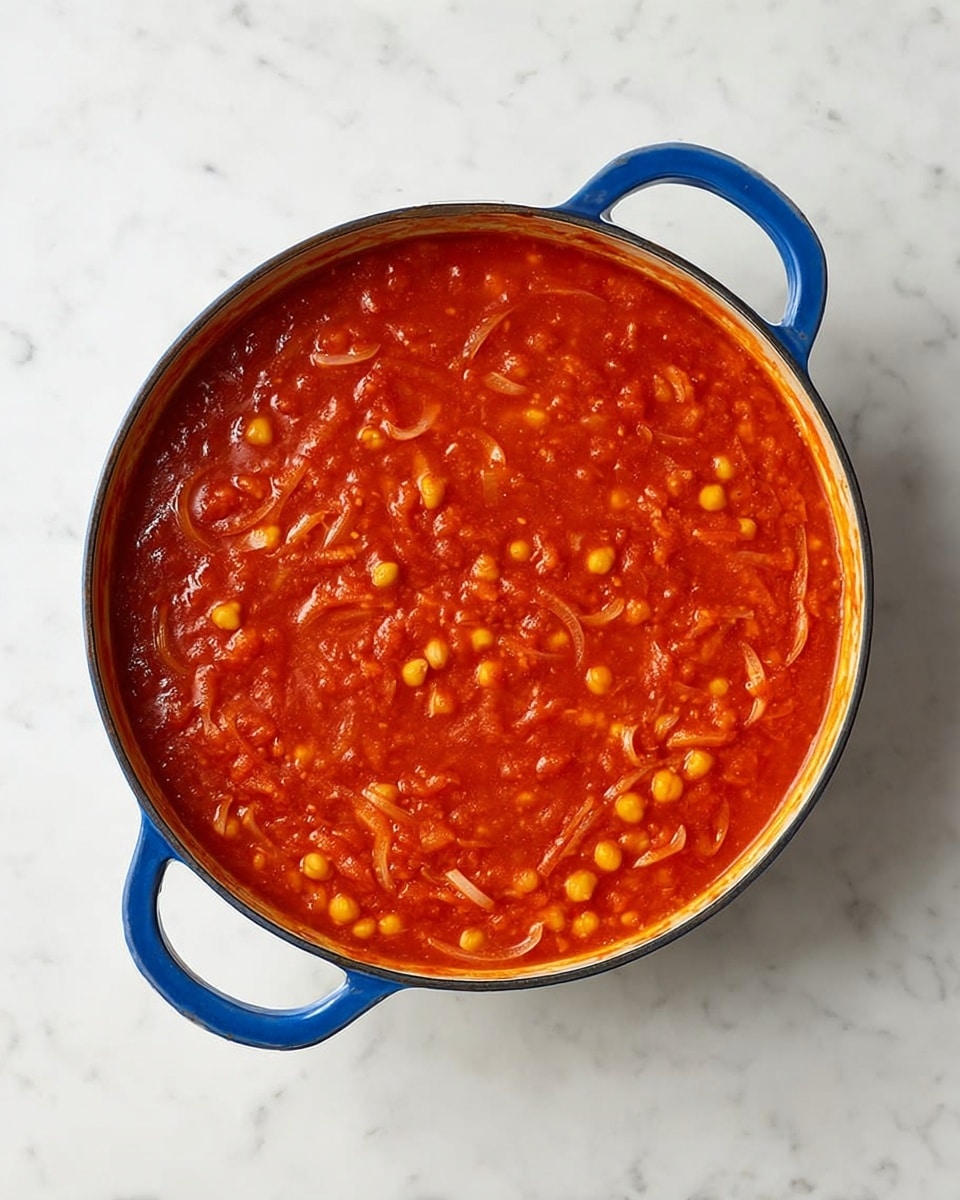 A round blue pot with two handles holds a thick, bright red stew filled with small yellow chickpeas and thin slices of translucent onions evenly mixed throughout the sauce. The stew's surface has a smooth yet slightly chunky texture, showing the rich tomato base with small oil spots. The pot sits on a white marbled surface, viewed from above with no other items around, which highlights the vivid color of the stew and the pot. photo taken with an iphone --ar 4:5 --v 7