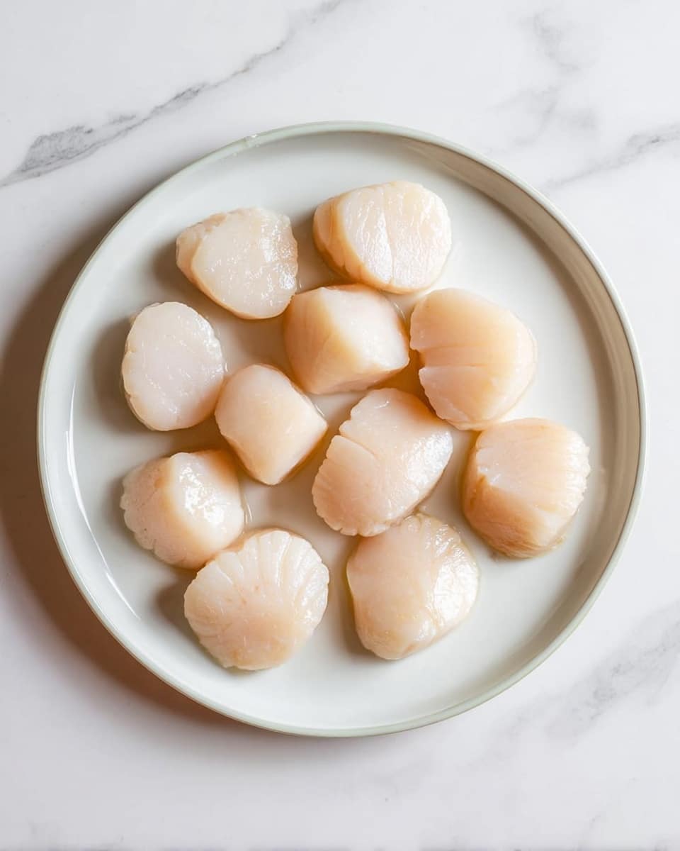 A white round plate holds fifteen raw scallops, arranged loosely in a circle with a few in the center. The scallops are pale cream and light beige in color, smooth and slightly shiny with a soft texture. The plate sits on a white marbled surface. photo taken with an iphone --ar 4:5 --v 7