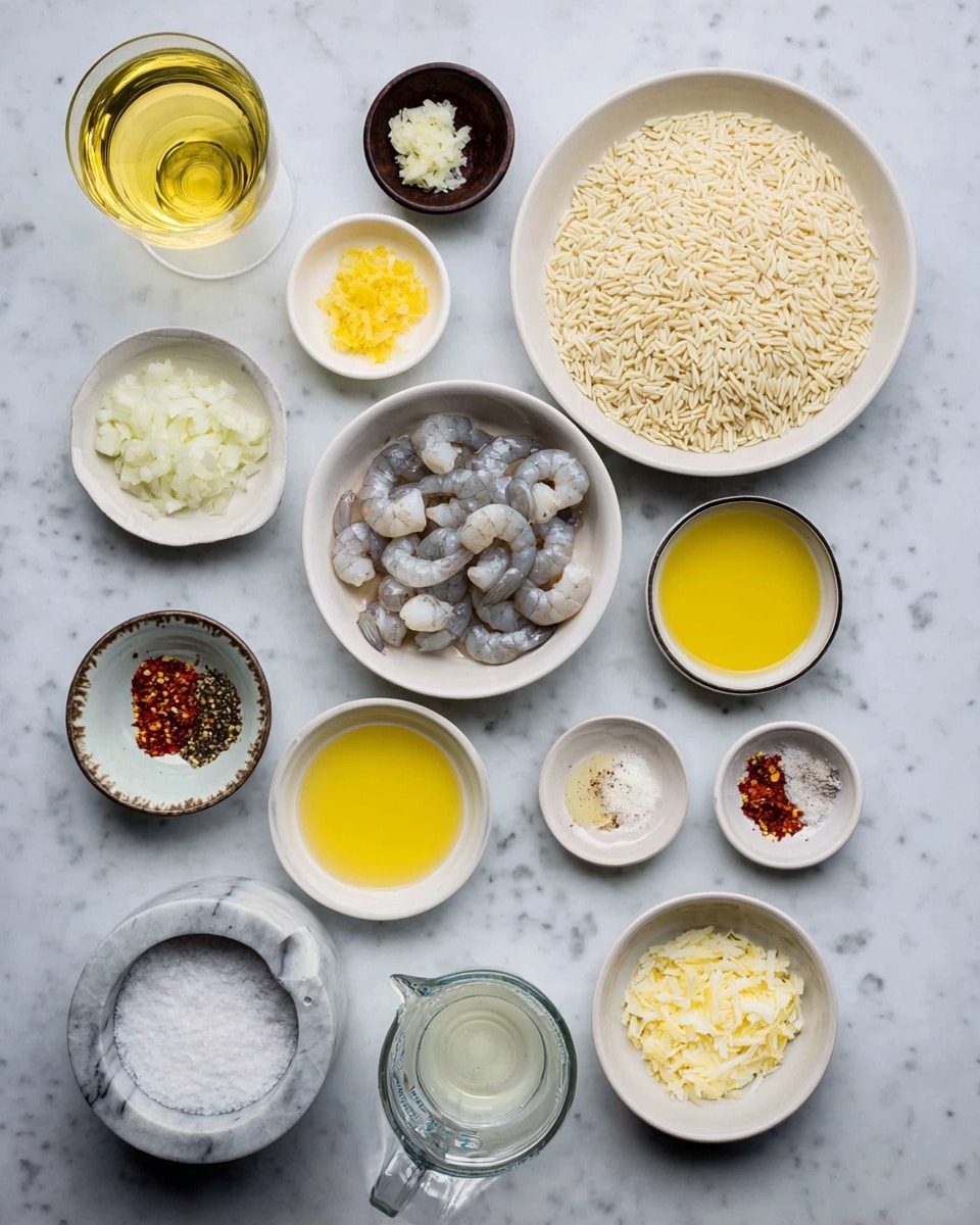 The image shows a sequence of four stages of cooking in a white pan with a black rim, all placed on a white marbled surface. The first stage has dry orzo pasta with yellow lemon zest sprinkled on top, covering the center and edges in a loose layer. The second stage shows the orzo submerged in a golden broth, with some clumps of pasta floating, and a white lid partially covering the pan's upper right edge. The third stage presents the orzo now creamy and thickened, with grated white cheese sprinkled in a circle on top, slightly melting into the pasta. The fourth stage shows the creamy orzo base topped with a pile of cooked pink shrimp placed in the center, adding a textured, orange-pink contrast to the dish. Photo taken with an iphone --ar 4:5 --v 7