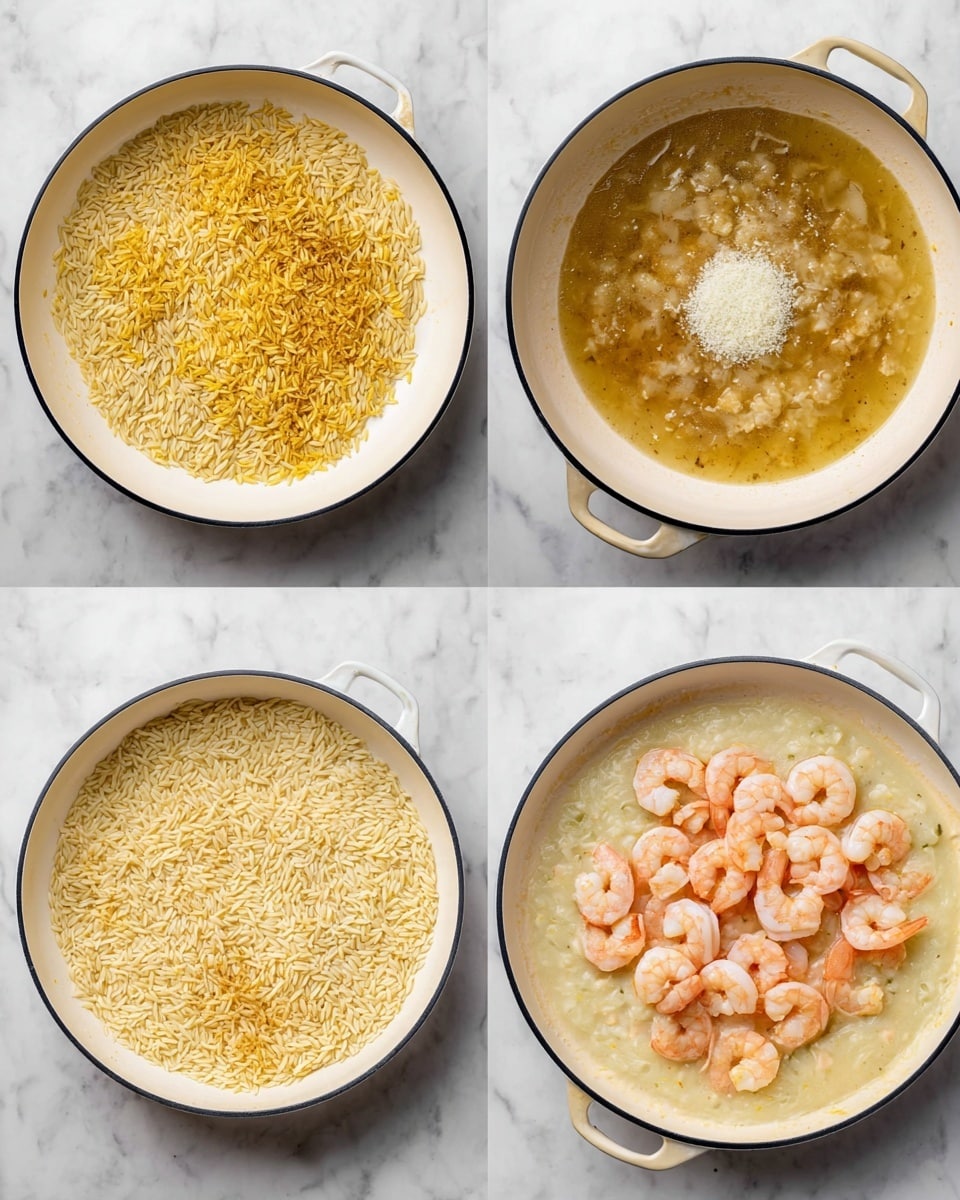 The image shows eleven small white bowls and one clear measuring cup on a white marbled surface, each filled with different ingredient layers. From top left: a glass with light yellow wine, a small white bowl with chopped shallots, a small white bowl with chopped garlic, a small dark brown bowl with bright yellow lemon zest, a clear measuring cup filled with white cream, a medium-sized white bowl filled with light beige orzo pasta, a small white bowl with light yellow lemon juice, a large white bowl with raw grey shrimp, a small white bowl with golden olive oil, a small white bowl with red chili flakes, a small white bowl with light yellow butter, a small white bowl filled with grated white cheese, and a clear measuring cup with yellow broth. A marble mortar with salt and black pepper is visible at the bottom left. photo taken with an iphone --ar 4:5 --v 7