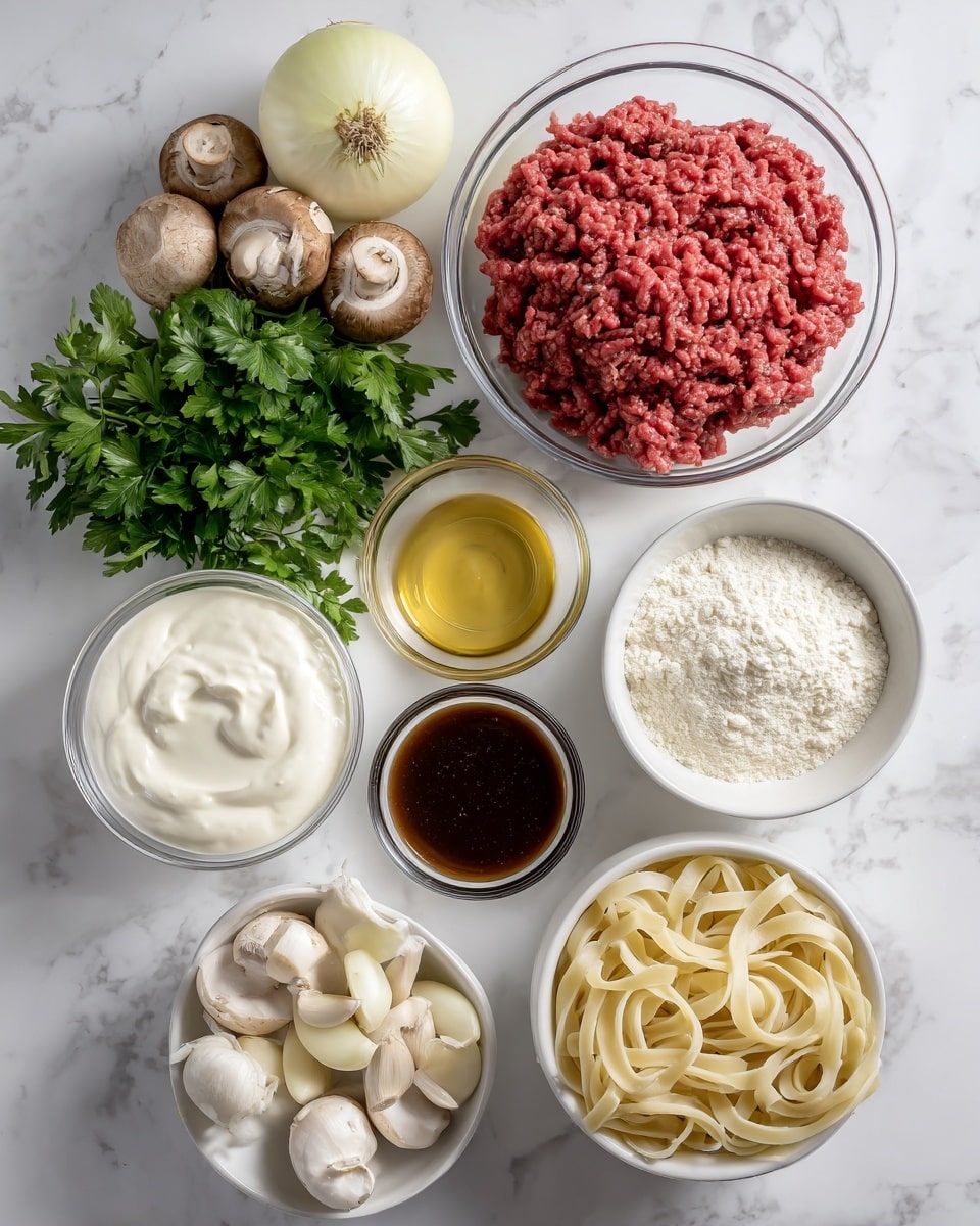 The dish shows a black bowl filled with three layers: the bottom layer is light yellow fettuccine pasta with a soft, smooth texture, loosely placed to create some folds and curls; the middle layer is a creamy sauce with small browned ground meat pieces and sliced mushrooms scattered evenly, both with a tender texture; the top layer is fresh green parsley leaves sprinkled around, adding bright color contrast. The setting includes a wooden surface with a white marbled texture in the background. Photo taken with an iphone --ar 4:5 --v 7