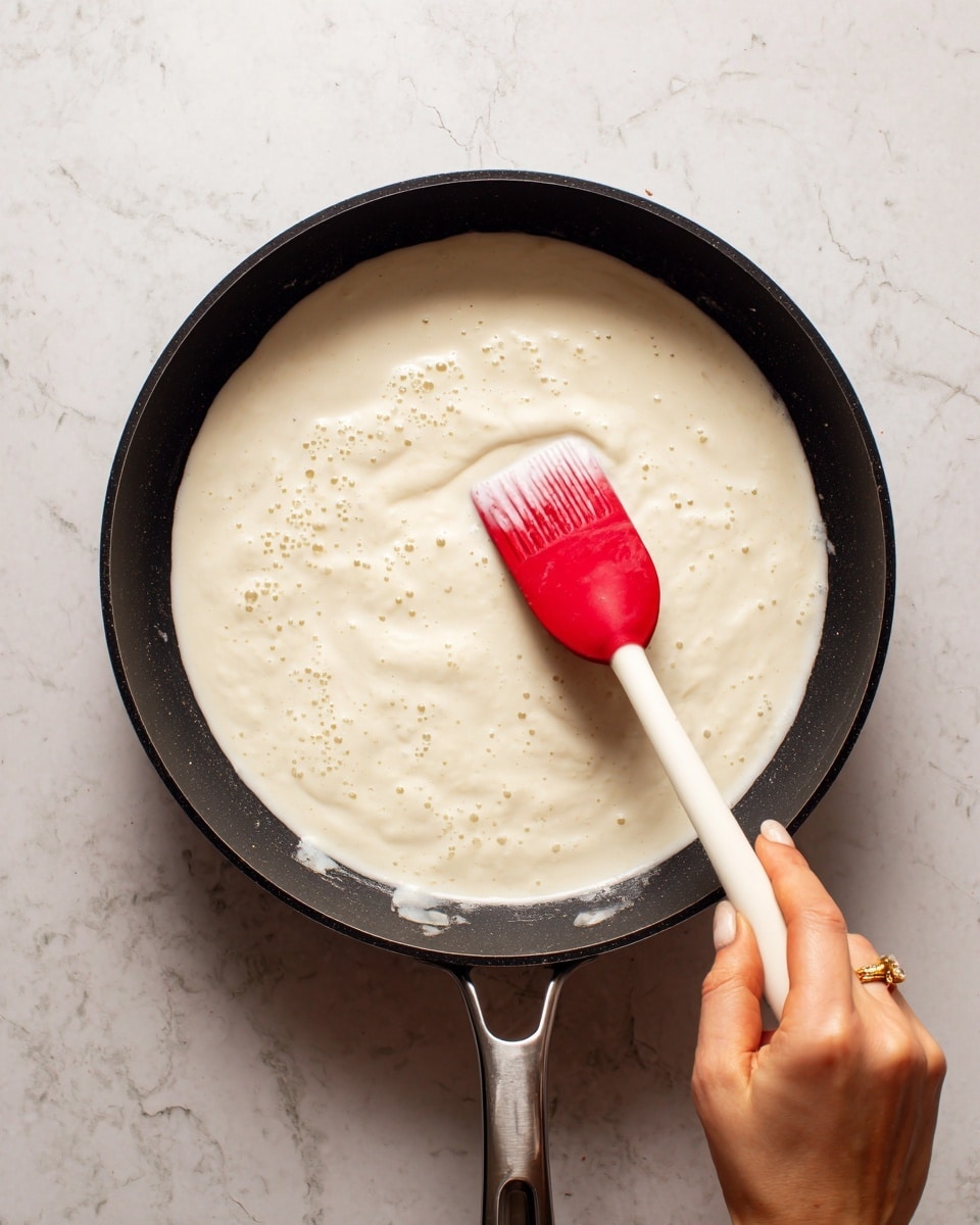 The image shows a close-up view of a black frying pan filled with a thick, bubbling white sauce. The sauce has a creamy texture with small bubbles on the surface, and there are a few light brown bits floating in it. A woman's hand holding a red spatula with a white handle is stirring the sauce in the pan. The background and surface beneath the pan are a white marbled texture. The light reflects softly on the sauce, highlighting its creamy and hot appearance photo taken with an iphone --ar 4:5 --v 7