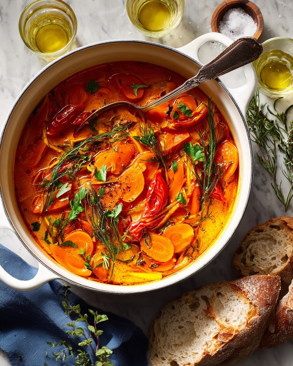 A white pot filled with a thick orange-red soup containing sliced orange carrots and red chunks of vegetables, garnished with fresh green herbs on top. A large metal spoon is inside the pot among the soup layers. Next to the pot, there are two pieces of crusty brown bread resting on a folded blue cloth. Three small glasses with a light yellow liquid are arranged nearby on a white marbled surface. Small green herb sprigs and coarse salt grains are scattered around the pot. Photo taken with an iphone --ar 4:5 --v 7