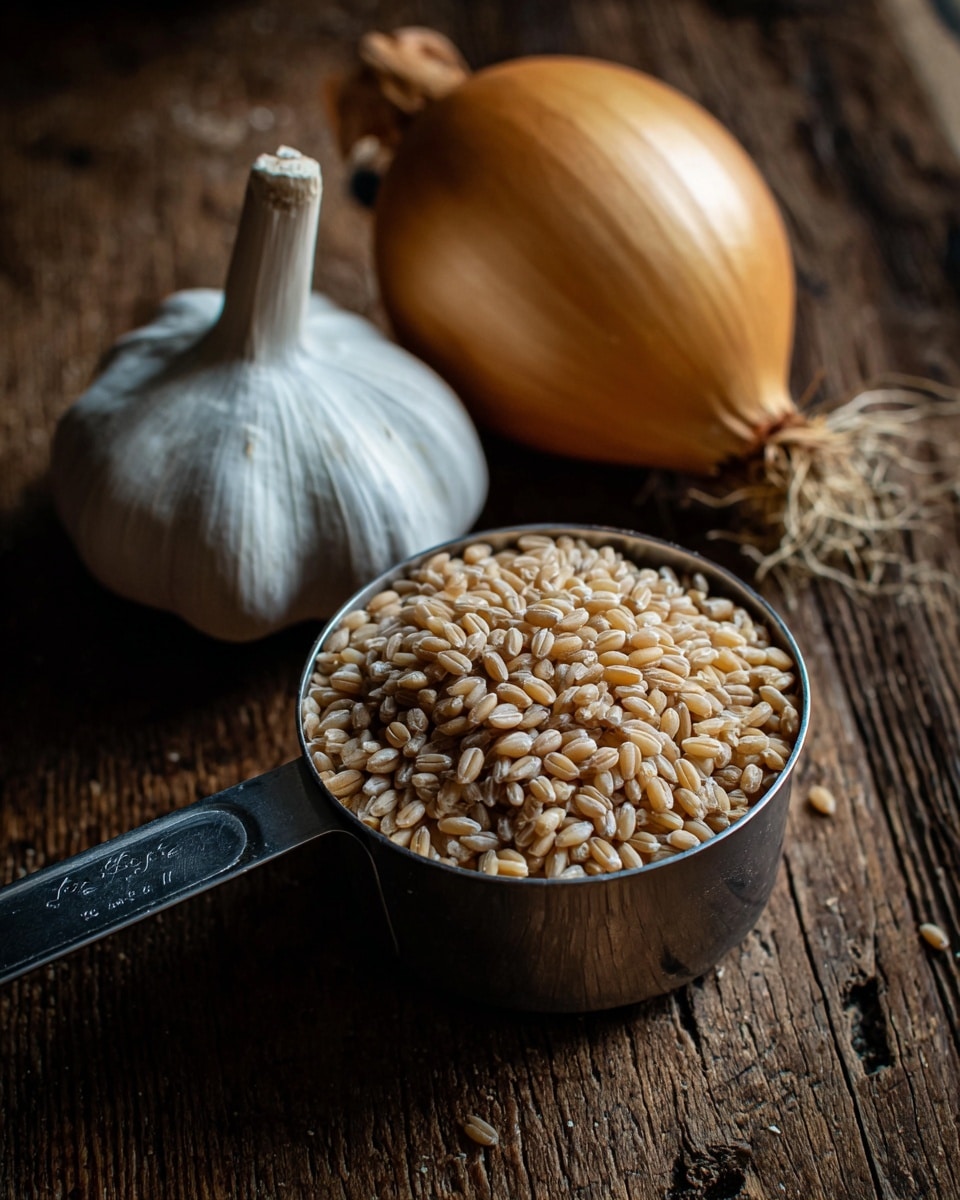 The image shows a close-up of a metal measuring cup filled with light tan barley grains, placed on a dark wooden surface. Next to the cup, on the left side, lies a whole white garlic bulb with roots visible, and on the right side, a yellow onion with papery skin and roots is positioned. The textures of the grains, garlic, and onion contrast with the rough, dark wooden background. photo taken with an iphone --ar 4:5 --v 7