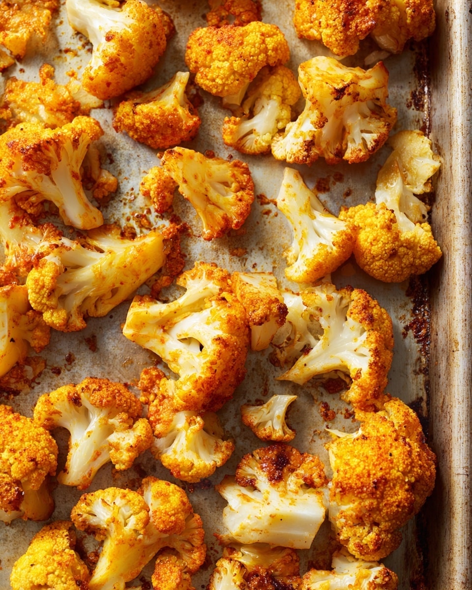 This image shows many pieces of roasted cauliflower spread out on a baking tray. The cauliflower pieces vary in size, showing both small florets and larger chunks, all coated in a golden-orange spice mix that adds a warm color and texture to their white and pale yellow surfaces. The baking tray underneath is metallic with a slightly worn texture, adding a subtle contrast to the bright, cooked cauliflower. Photo taken with an iphone --ar 4:5 --v 7