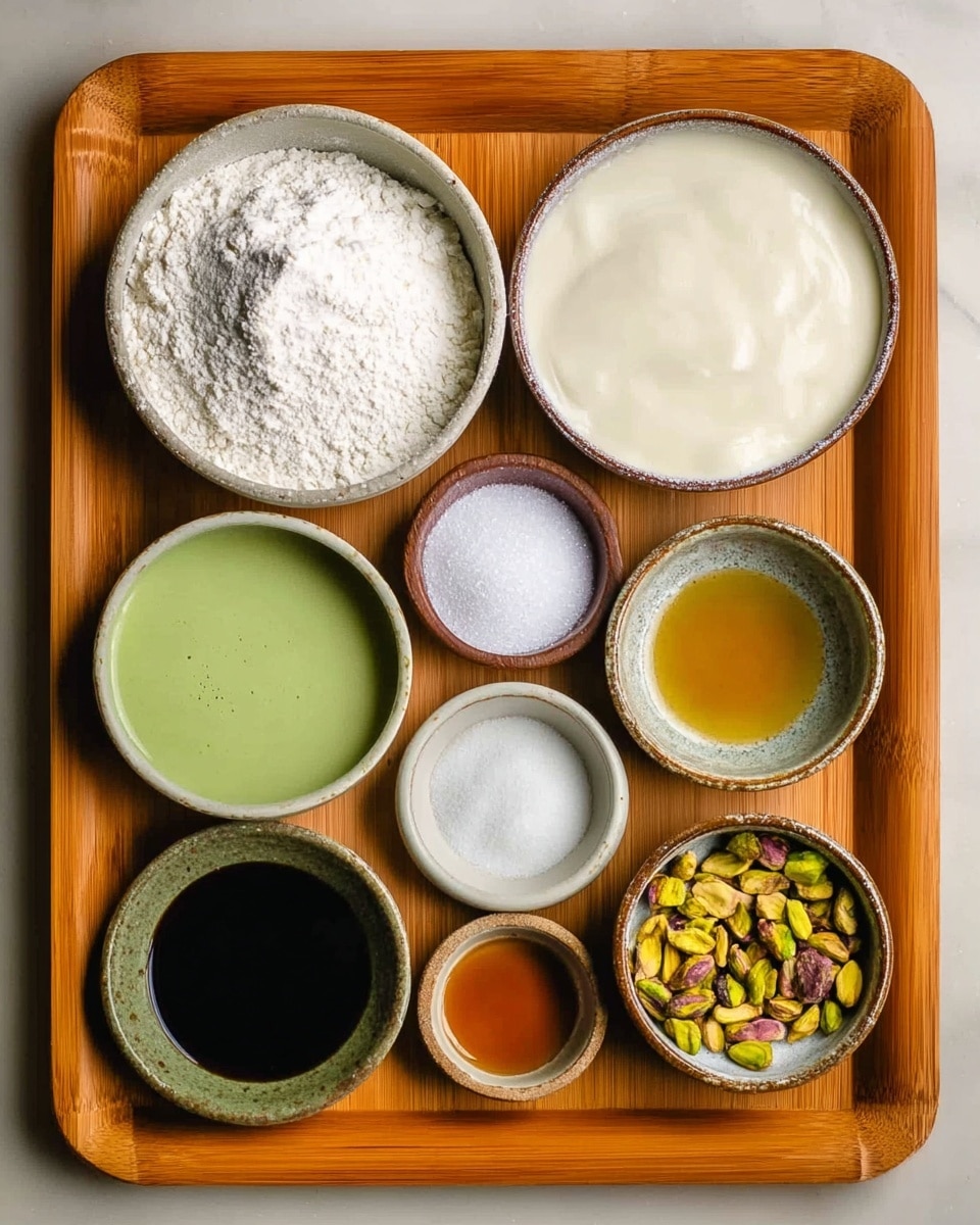 The image shows a slice of layered cake on a white plate with tiny dark speckles, placed on a white marbled surface. The cake has three layers: the top layer is light tan with a spongy texture, the middle layer is yellowish green with small nut pieces, and the bottom layer is a vibrant green crumbly cake. Between each cake layer, there is a light green creamy frosting. The top of the cake slice is covered with a thick, pale yellow frosting that looks smooth and swirled at the edges, blending with the creamy light green frosting that spreads around the base of the slice. Photo taken with an iphone --ar 4:5 --v 7