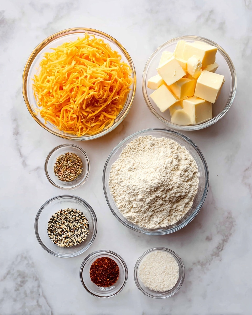 The image shows seven clear glass bowls with different ingredients arranged on a white marbled surface. At the top left, there is a large bowl filled with bright orange shredded cheddar cheese. To its right, a smaller bowl holds pale yellow cubes of butter. Below the cheese, a large bowl contains off-white flour with a slightly rough texture. Next to the butter and below it, a small bowl is filled with a mix of black, white, and tan seeds and spices. To the right and slightly below the flour, three tiny bowls hold different powdered spices: one with white salt, another with pale yellow powder, and the last with dark red and brown spices. The bowls are neatly spaced, and the overall look is clean and organized. Photo taken with an iphone --ar 4:5 --v 7
