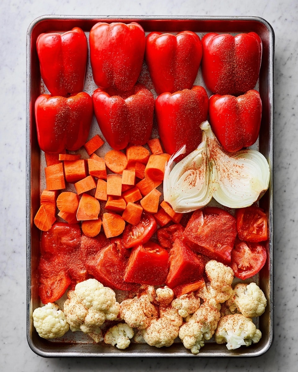 A metal tray filled with several red bell peppers on the top row, all whole and sprinkled with a reddish spice. Below them is a layer of bite-sized carrot pieces, bright orange and evenly spread. Next is a row of white onion wedges and a halved garlic bulb dusted with the same spice. Below this layer are large tomato pieces, red and juicy, followed by cauliflower florets at the bottom, lightly dusted with spice. The tray sits on a white marbled surface. Photo taken with an iphone --ar 4:5 --v 7