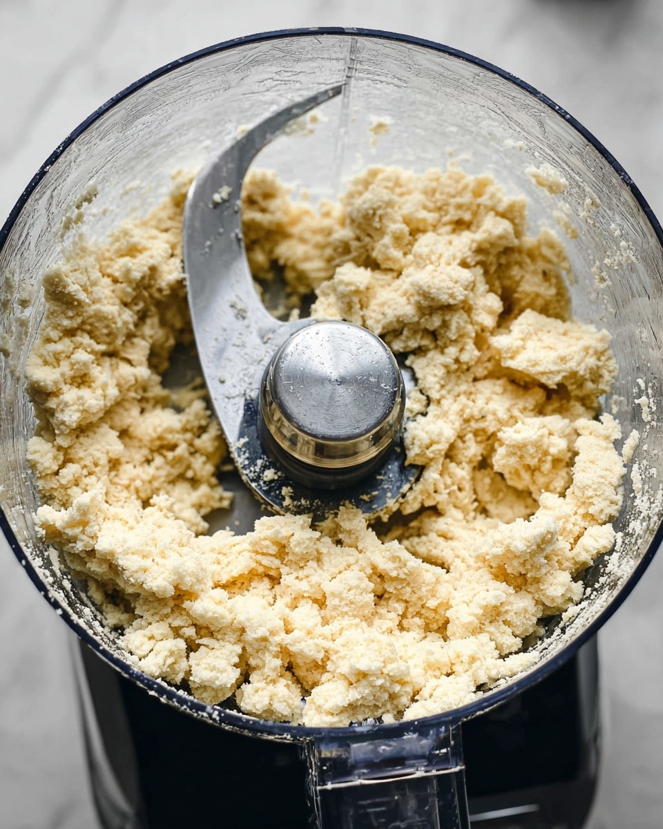 The image shows a clear food processor bowl filled with crumbly, pale yellow dough pieces. The dough is unevenly shaped with a soft and grainy texture, settled around the central sharp metal blade, which is slightly shiny and curved. The food processor parts inside are metallic gray and black, and the clear bowl is smudged with dough bits on its sides. The background is a white marbled texture. Photo taken with an iphone --ar 4:5 --v 7
