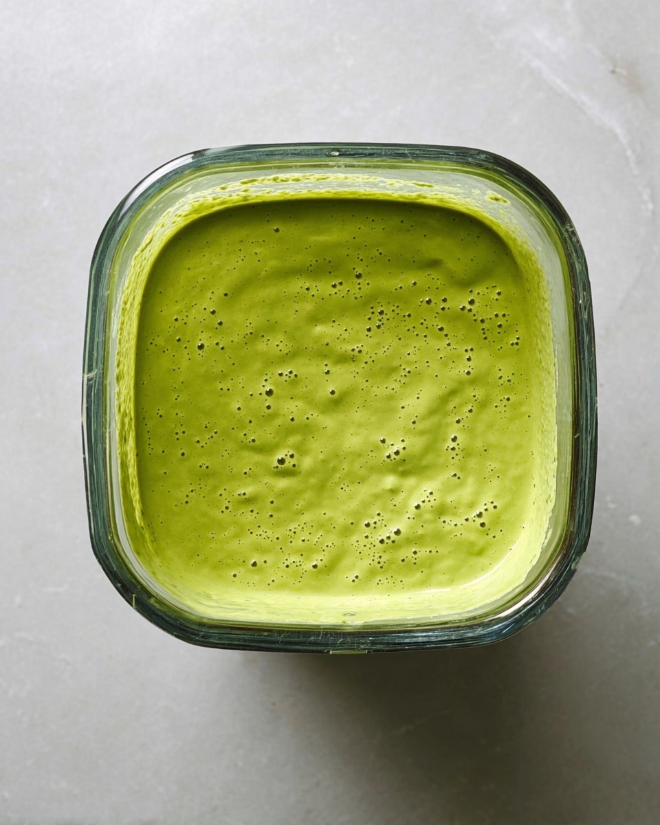 A close-up top view of a clear glass blender container filled with a single thick layer of bright green creamy sauce with small bubbles on its smooth surface, placed on a white marbled texture background photo taken with an iphone --ar 4:5 --v 7