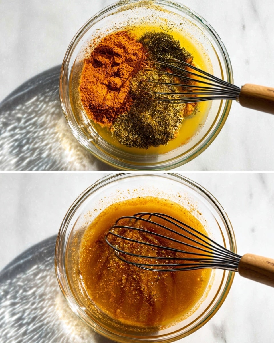 A clear glass bowl sits on a white marbled surface, containing a mix of vibrant spices and liquid arranged in one layer: greenish herbs on the top left, bright yellow turmeric, and deep orange-red powders forming small round piles, all floating in a golden liquid that covers the bottom of the bowl. In the second image, the spices and liquid are whisked together into a smooth, orange-brown sauce with visible texture lines from the whisk, which has a wooden handle and black wires, resting inside the bowl. Shadows cast by the bowl and whisk create dynamic shapes on the white marbled surface beneath, captured in bright, natural light. photo taken with an iphone --ar 4:5 --v 7